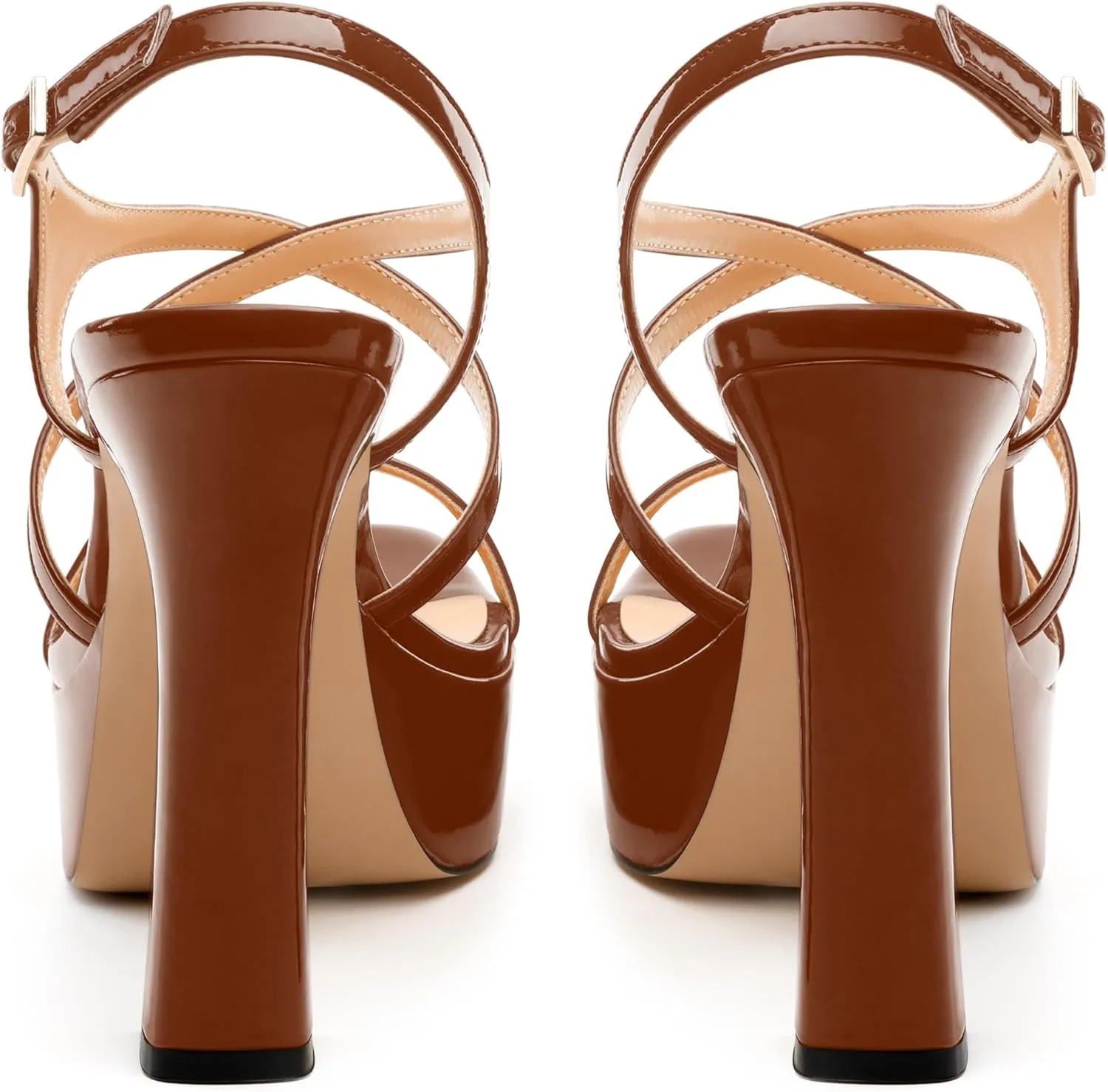 Square Toe Heeled Platform Sandals, Criss-cross Straps High Block Heel Sandals, Open Toe Slingback Strappy Sandals, Wedding Party Dress Shoes 5"