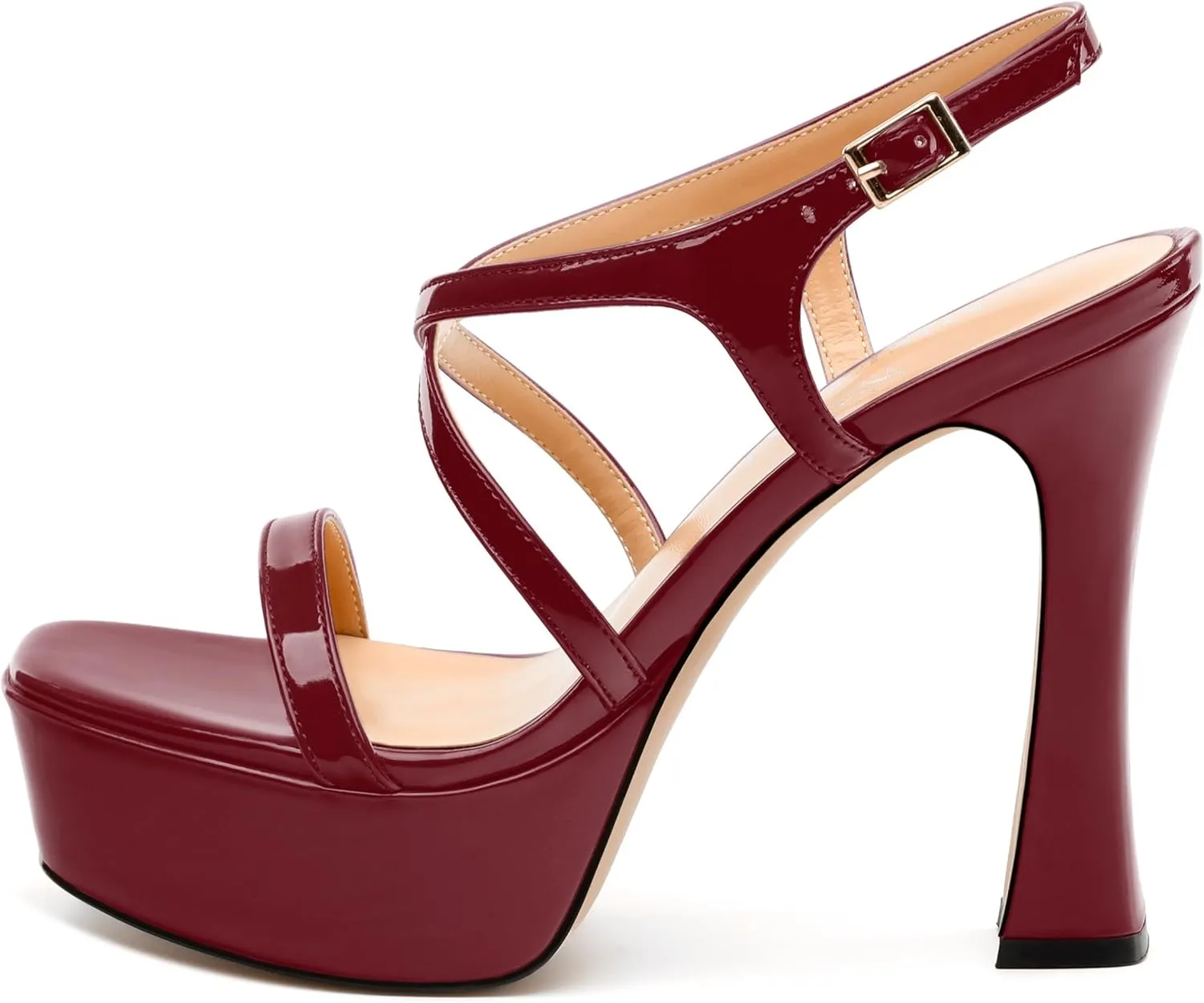 Square Toe Heeled Platform Sandals, Criss-cross Straps High Block Heel Sandals, Open Toe Slingback Strappy Sandals, Wedding Party Dress Shoes 5"