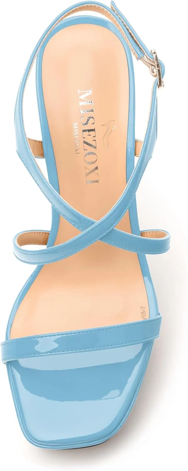 Square Toe Heeled Platform Sandals, Criss-cross Straps High Block Heel Sandals, Open Toe Slingback Strappy Sandals, Wedding Party Dress Shoes 5"