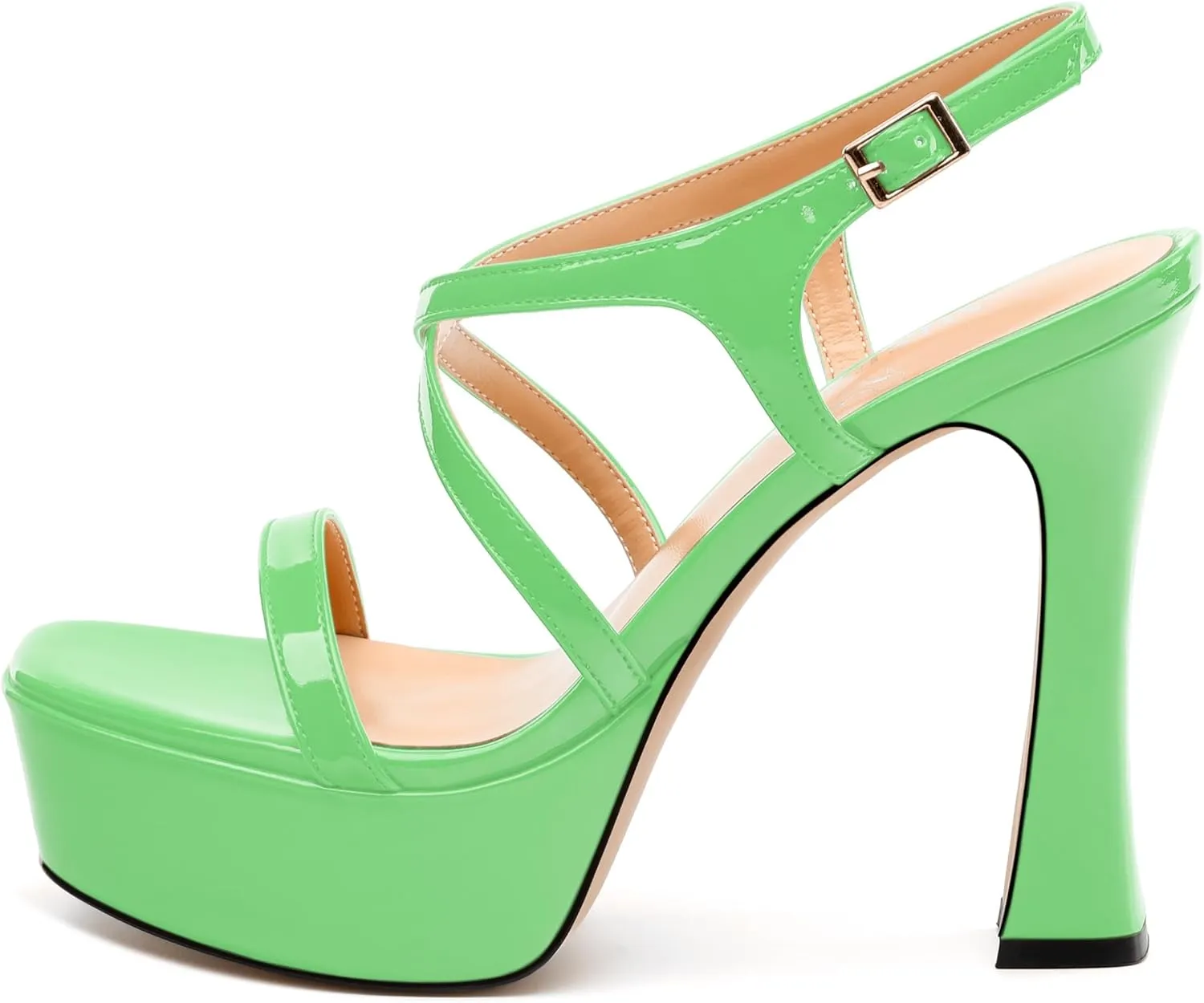 Square Toe Heeled Platform Sandals, Criss-cross Straps High Block Heel Sandals, Open Toe Slingback Strappy Sandals, Wedding Party Dress Shoes 5"