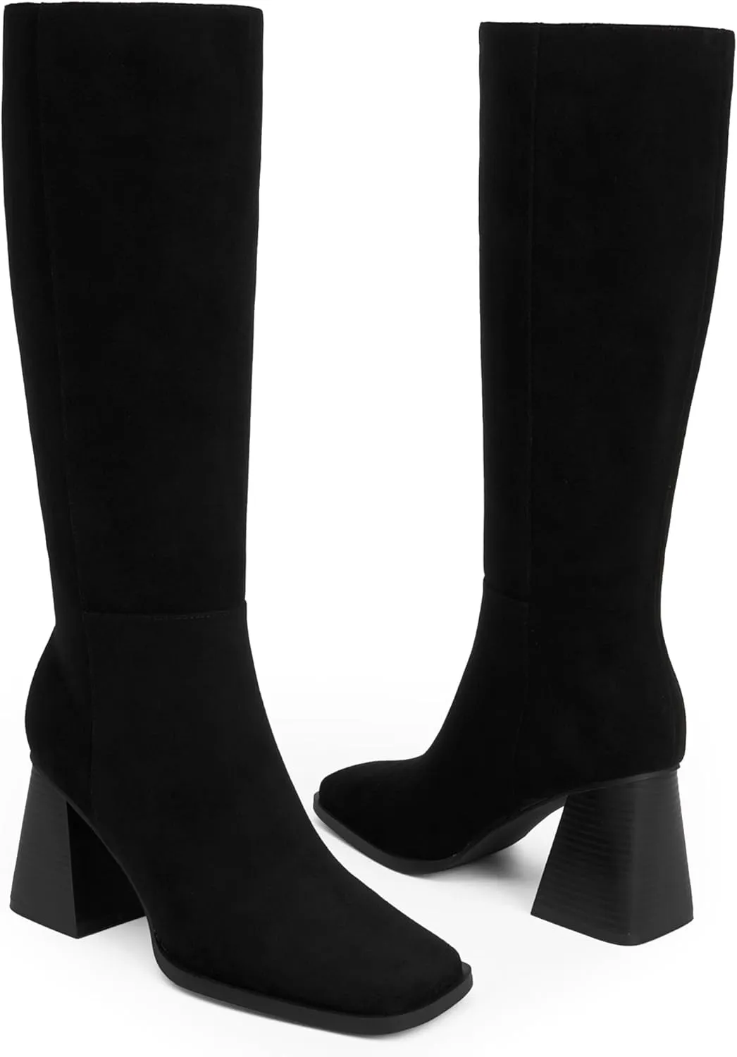 Square Toe Knee High Boots for Women - Chunky Block Heel With Side Zipper - Fall Tall Boots