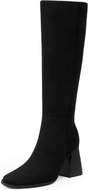 Square Toe Knee High Boots for Women - Chunky Block Heel With Side Zipper - Fall Tall Boots