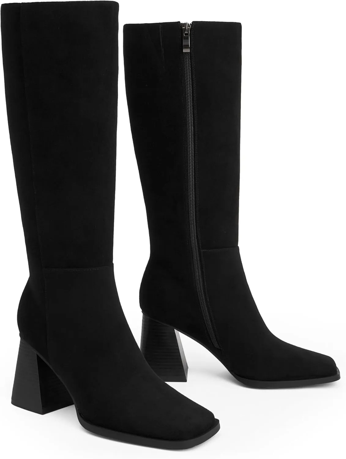 Square Toe Knee High Boots for Women - Chunky Block Heel With Side Zipper - Fall Tall Boots