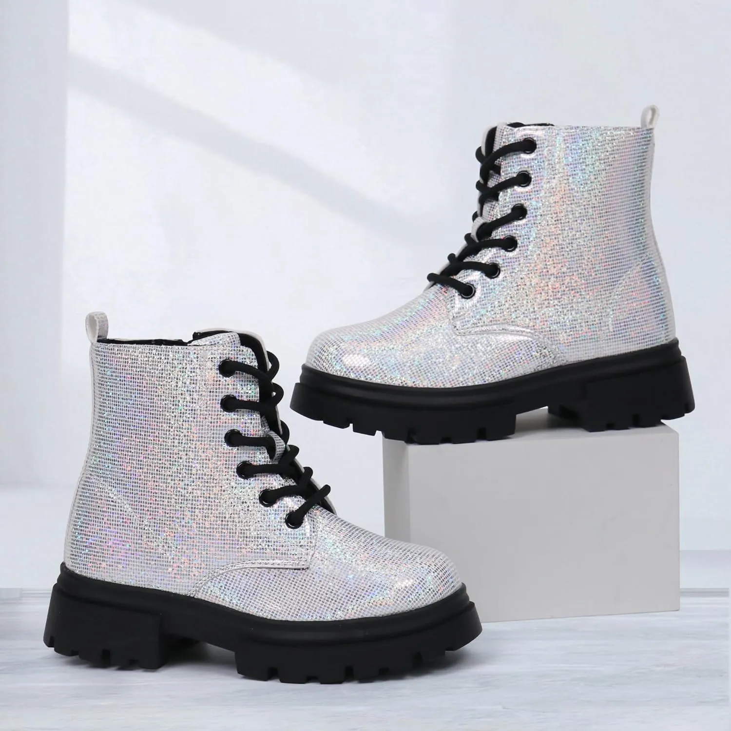 starmerx Girls Ankle Boots Lace Up Combat Boot Side Zipper Comfortable Boys Boots