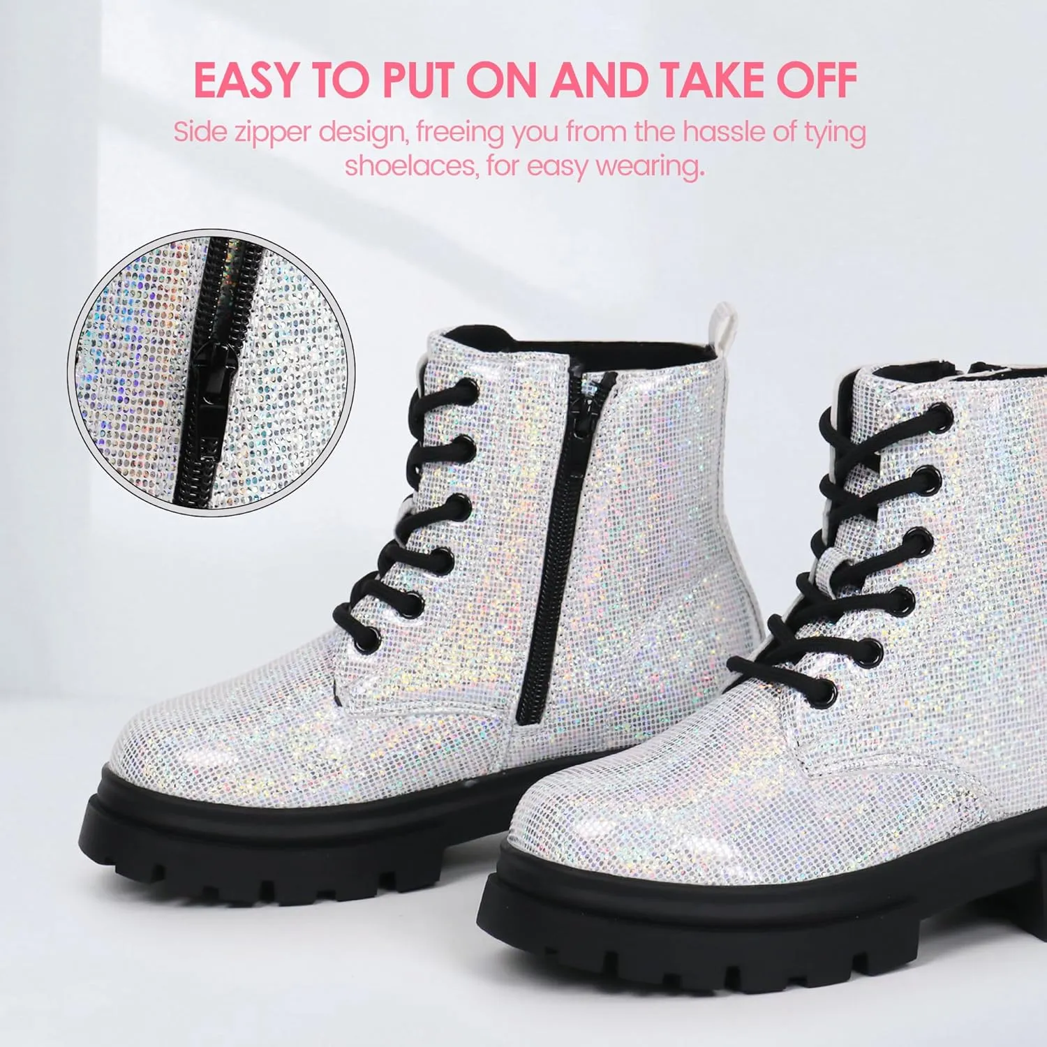 starmerx Girls Ankle Boots Lace Up Combat Boot Side Zipper Comfortable Boys Boots