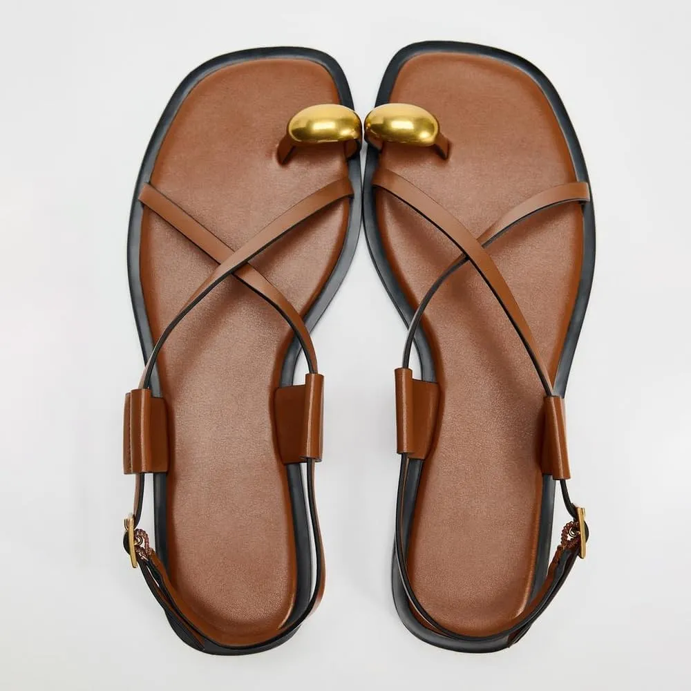Strappy Flat Sandals for Women Open Square Toe Silver Ball Flip Flop Sandal with Ankle Buckle Summer Beach Gladiator Shoes