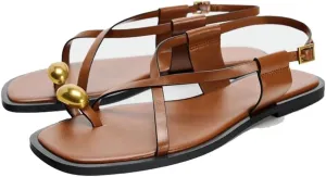 Strappy Flat Sandals for Women Open Square Toe Silver Ball Flip Flop Sandal with Ankle Buckle Summer Beach Gladiator Shoes