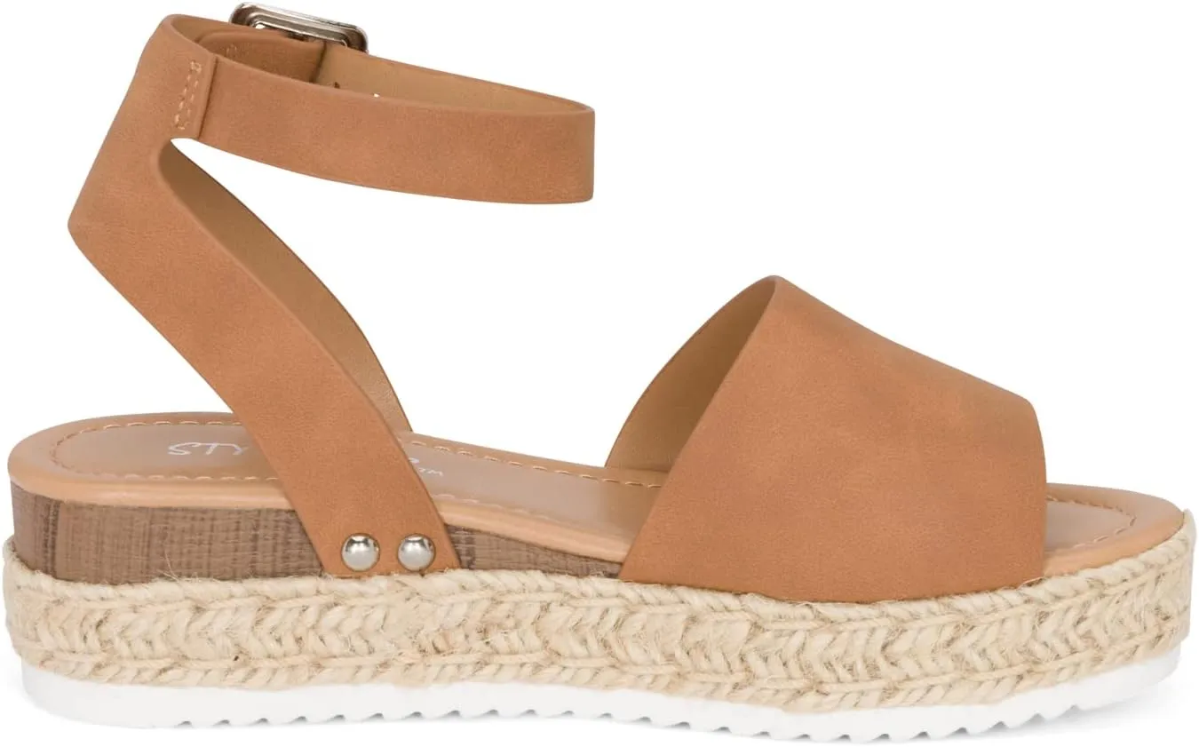 STYLISH S Gloria-IIS ~ Girls Single Band Open Toe Platform Wedge Espadrille Studded Sandals Adjustable Ankle Buckle