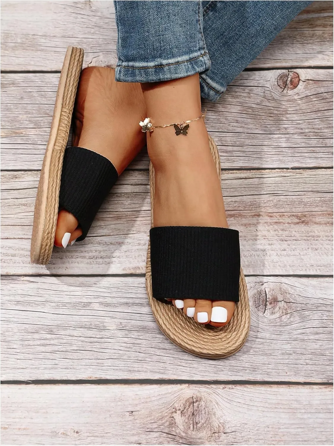 SweatyRocks Women's Open Toe Woven Flat Sandals Single Band Boho Beach Sandals Outdoor Shoes