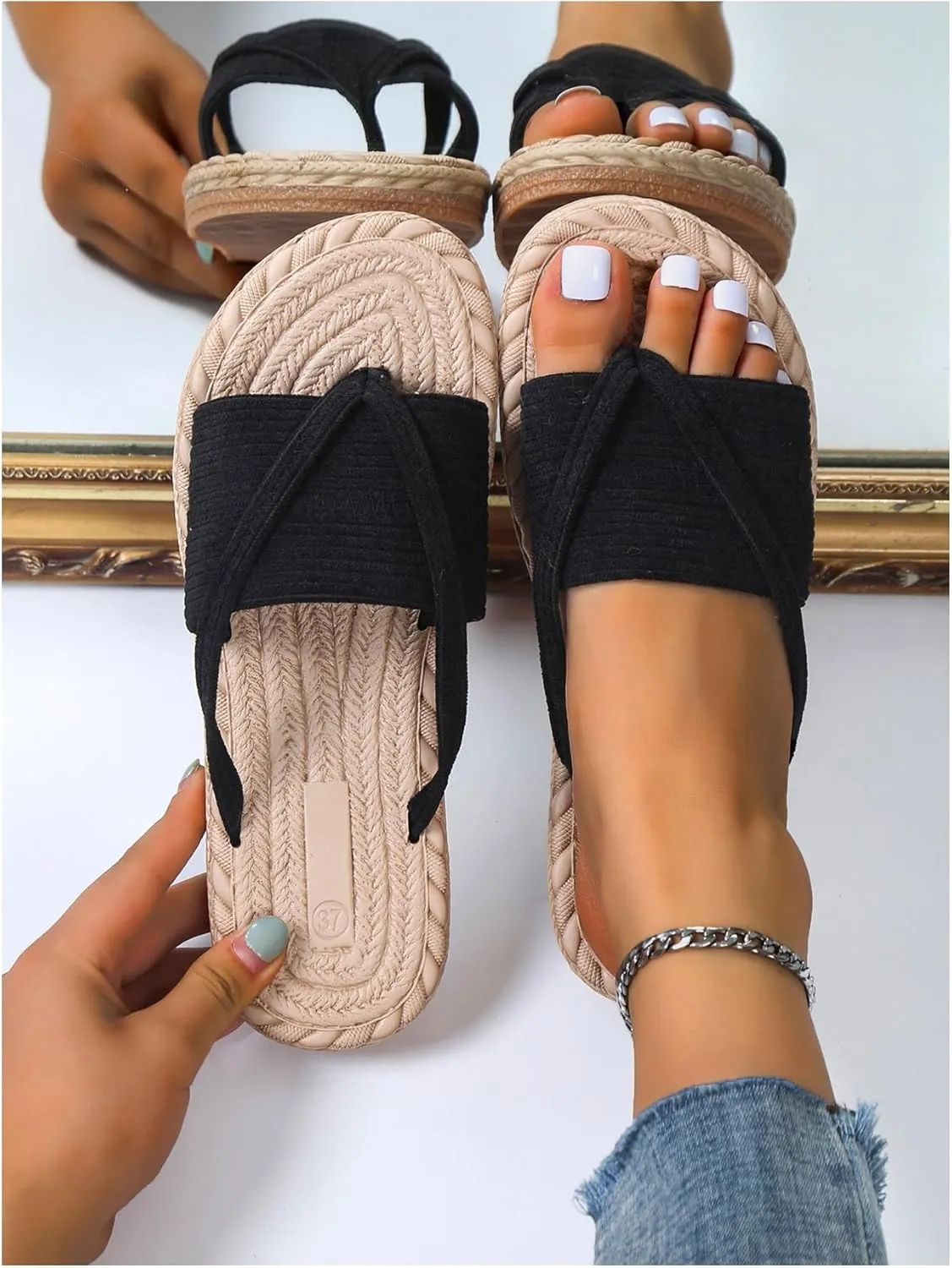 SweatyRocks Women's Woven Thong Sandals Open Toe Slip on Corduroy Vacation Flip Flops