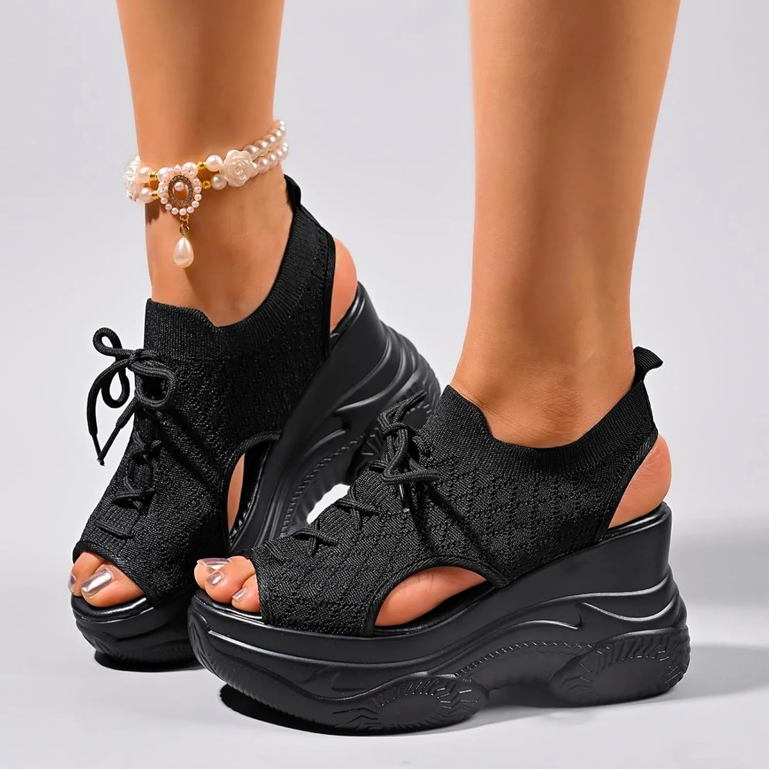 Thick Soled Sandals For Women Summer Mesh Breathable Fish Mouth Sloping Heel Sandals Womens Fisherman
