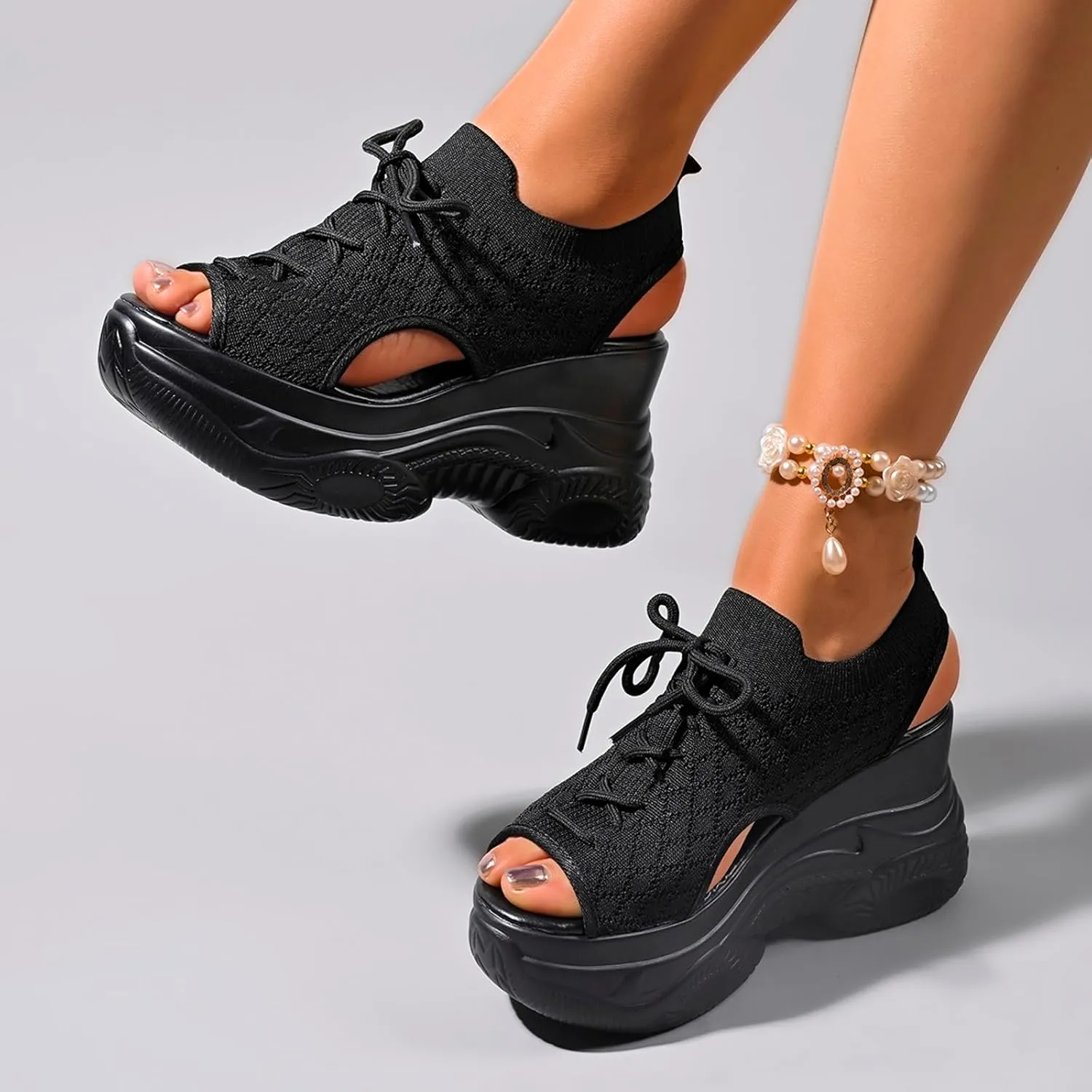 Thick Soled Sandals For Women Summer Mesh Breathable Fish Mouth Sloping Heel Sandals Womens Fisherman