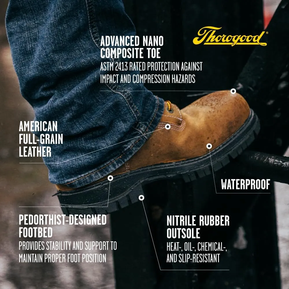 Thorogood 8” Waterproof Work Boots for Men - Nano Composite Toe - Genesis Series - Full-Grain Leather with Comfort Insoles and Slip-Resistant Outsoles