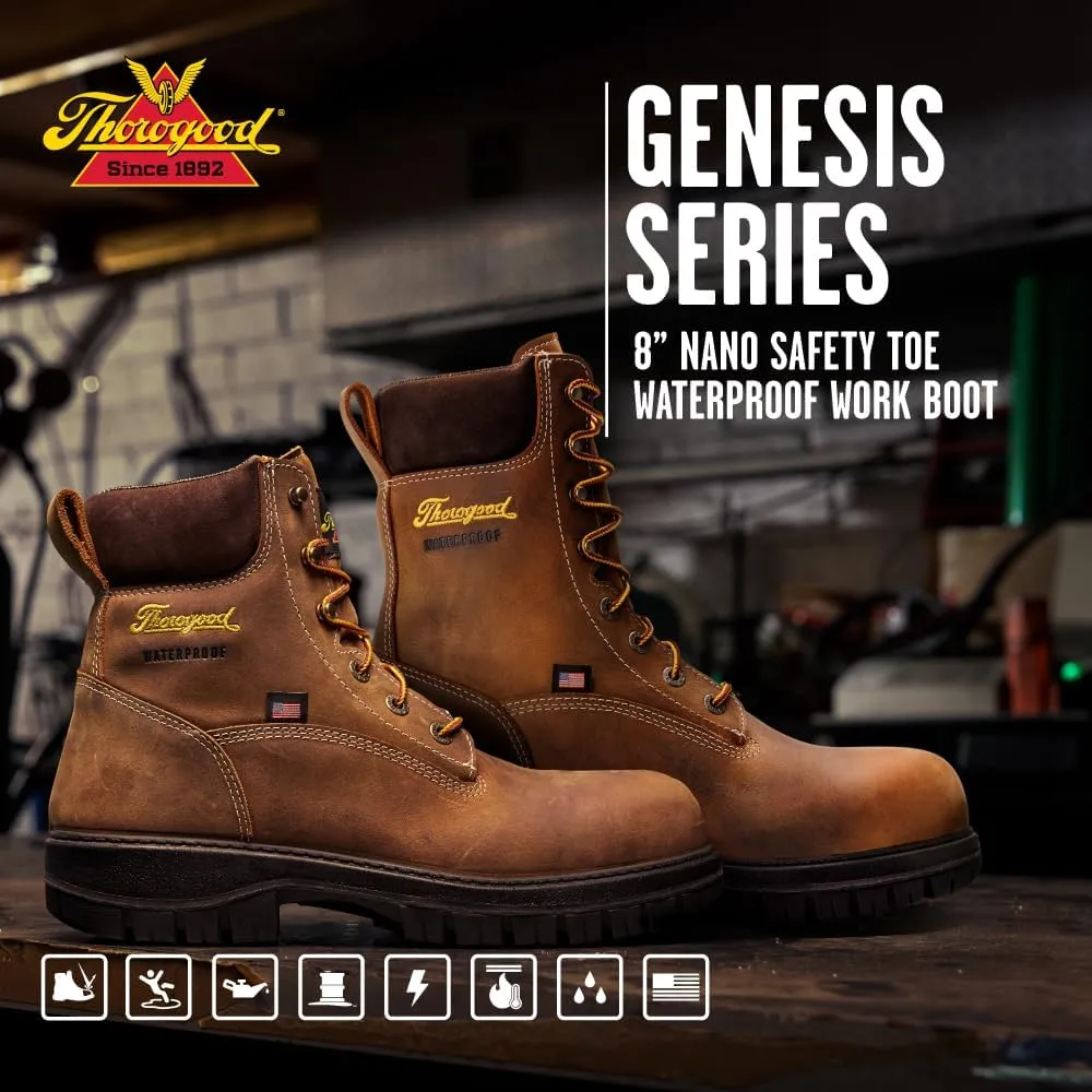 Thorogood 8” Waterproof Work Boots for Men - Nano Composite Toe - Genesis Series - Full-Grain Leather with Comfort Insoles and Slip-Resistant Outsoles