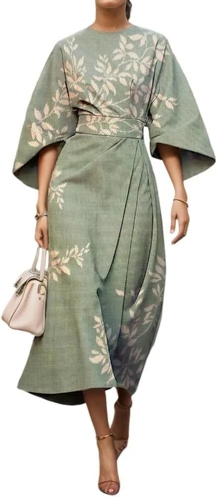 TIAFORD Women's Spring Summer Elegant Floral Print Empire Waist Dress Casual Cute Crew Neck Loose Half Sleeve Maxi Dresses