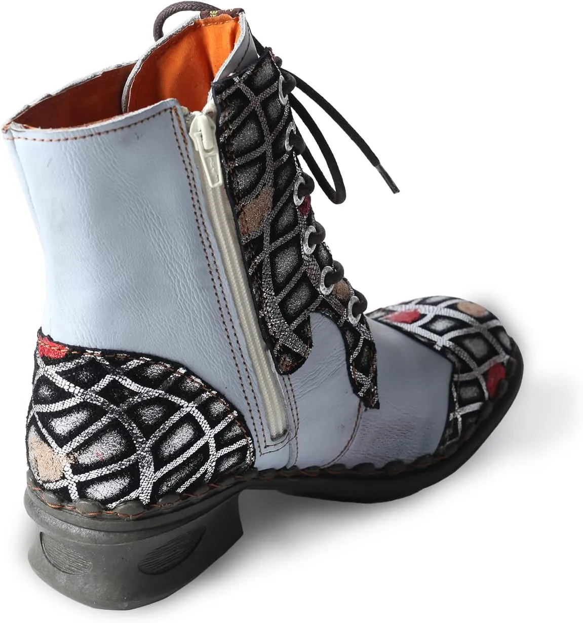 TMA EYES Geometric-Contrast Patchwork Leather Combat Women Boot