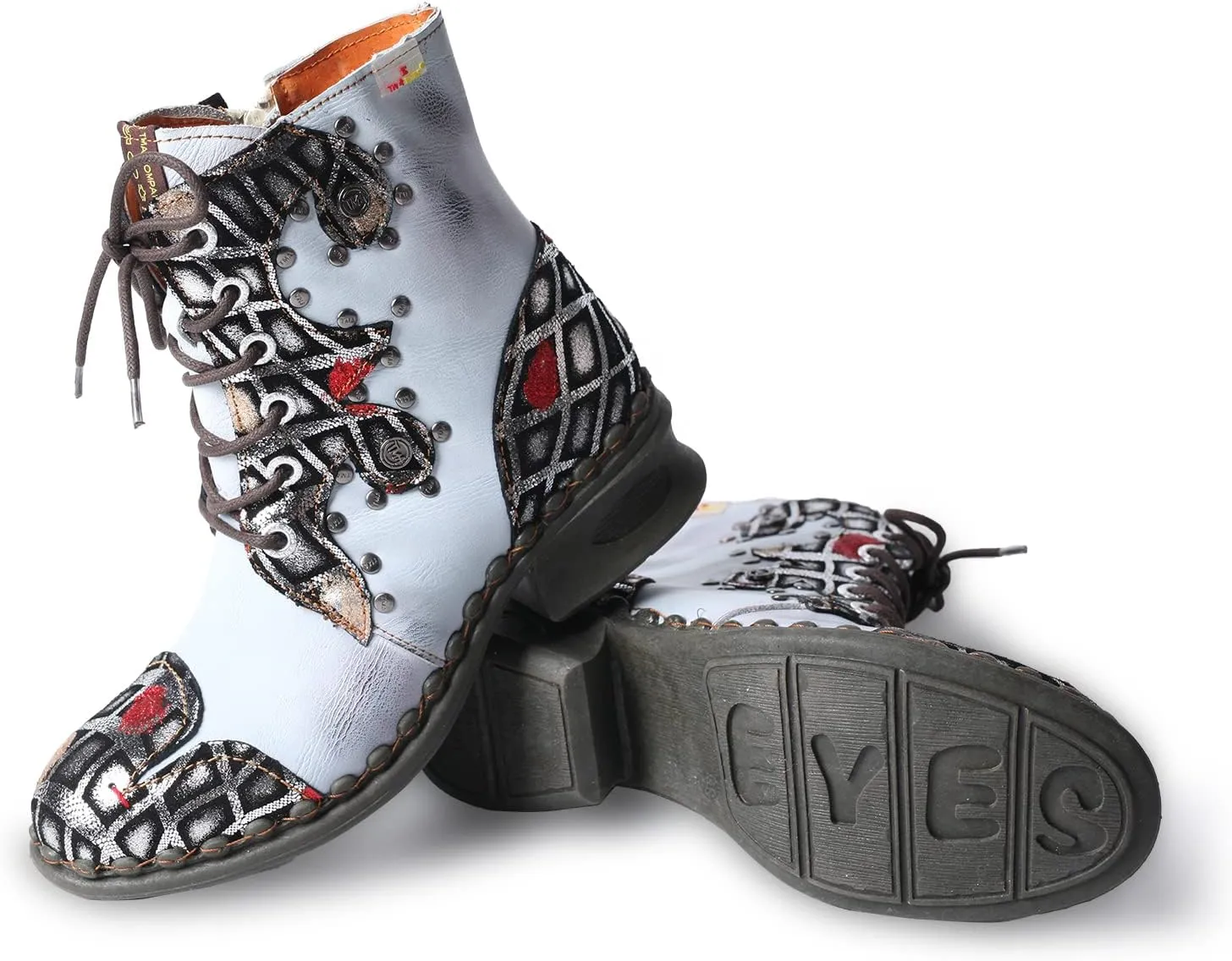 TMA EYES Geometric-Contrast Patchwork Leather Combat Women Boot