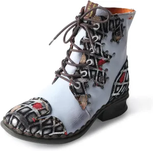 TMA EYES Geometric-Contrast Patchwork Leather Combat Women Boot