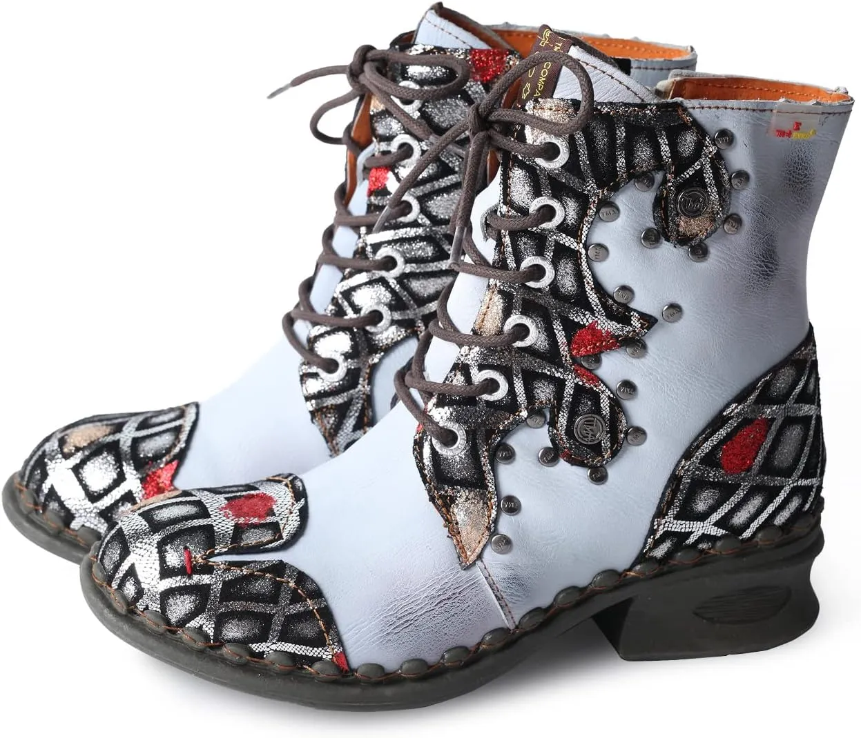 TMA EYES Geometric-Contrast Patchwork Leather Combat Women Boot