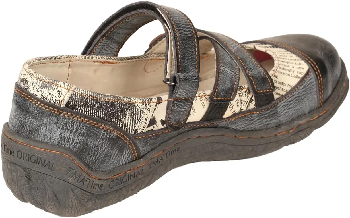 TMA EYES Women Leather Closed-Toe Casual Sandals Newpaper Pattern Summer Shoes Cross Button Decoration