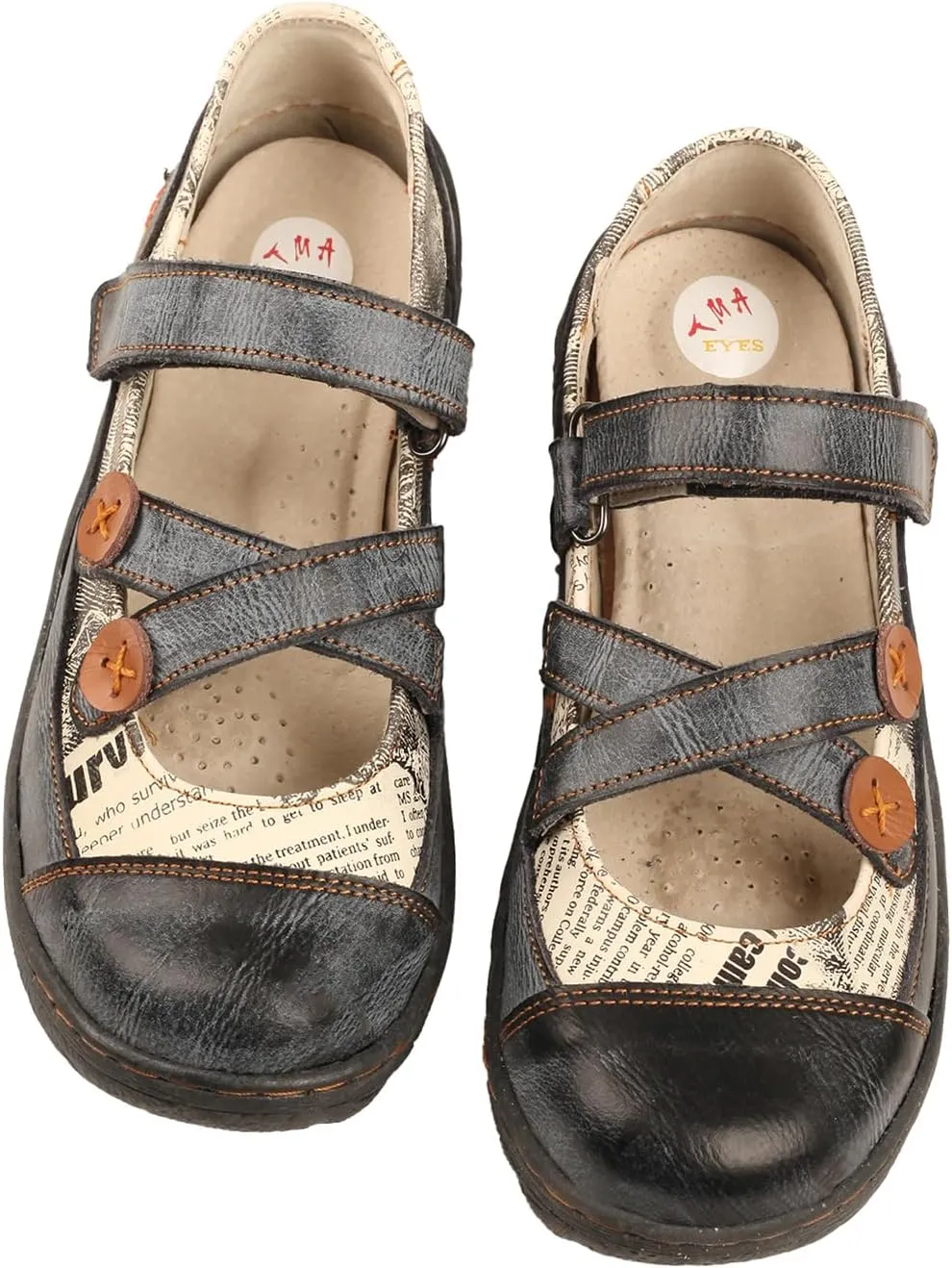 TMA EYES Women Leather Closed-Toe Casual Sandals Newpaper Pattern Summer Shoes Cross Button Decoration