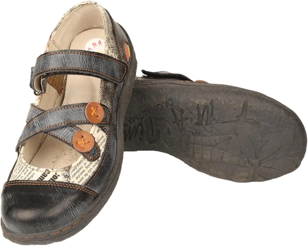 TMA EYES Women Leather Closed-Toe Casual Sandals Newpaper Pattern Summer Shoes Cross Button Decoration