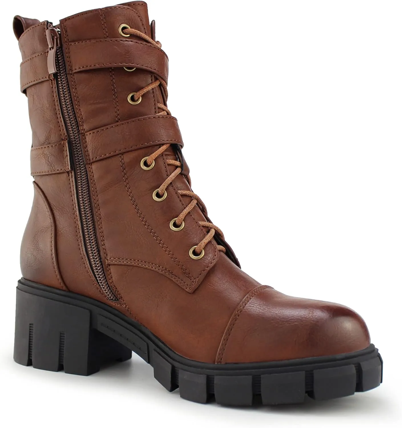 Tobfis Women's Combat Boots Side Zipper Buckle Chunky Heel Ankle Booties