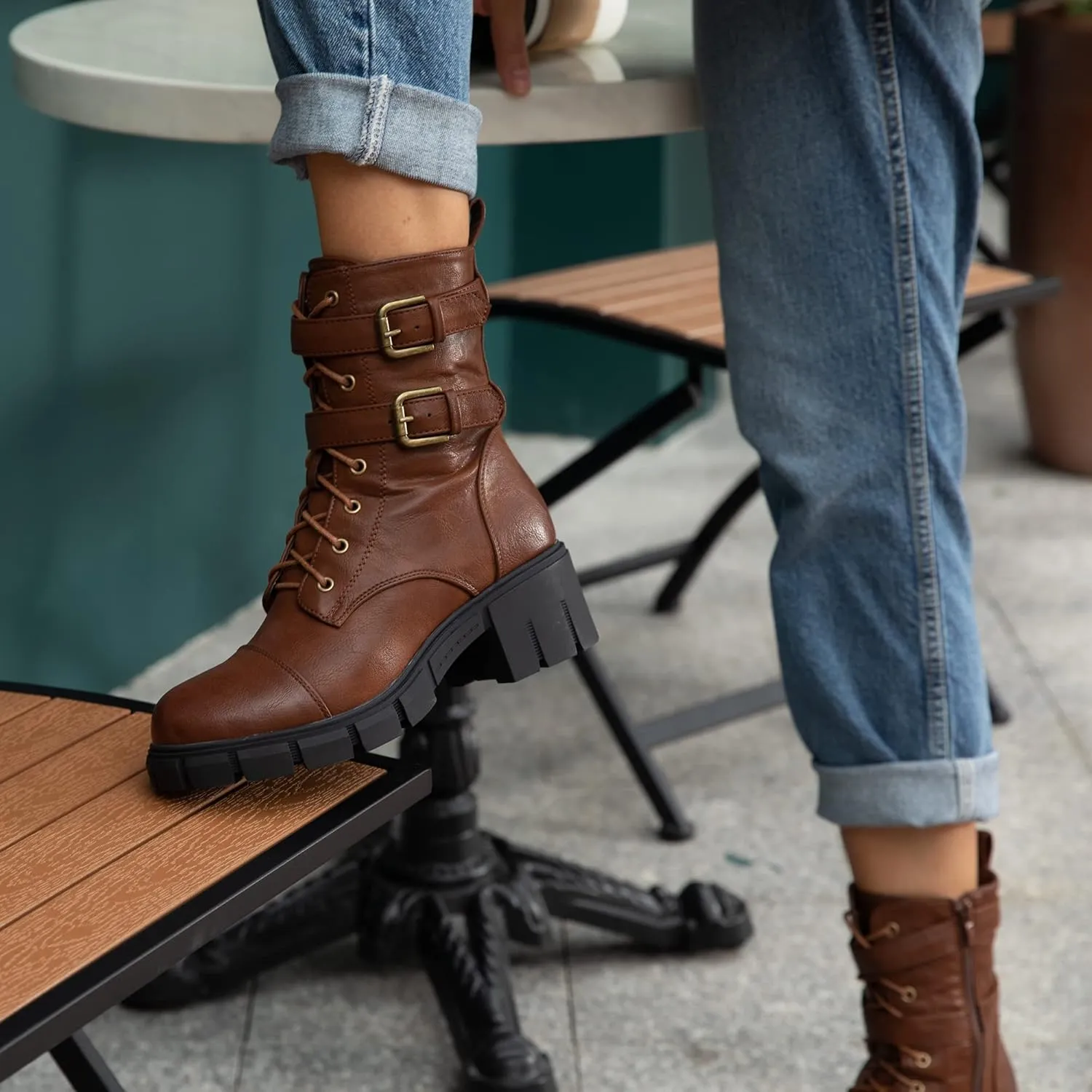 Tobfis Women's Combat Boots Side Zipper Buckle Chunky Heel Ankle Booties