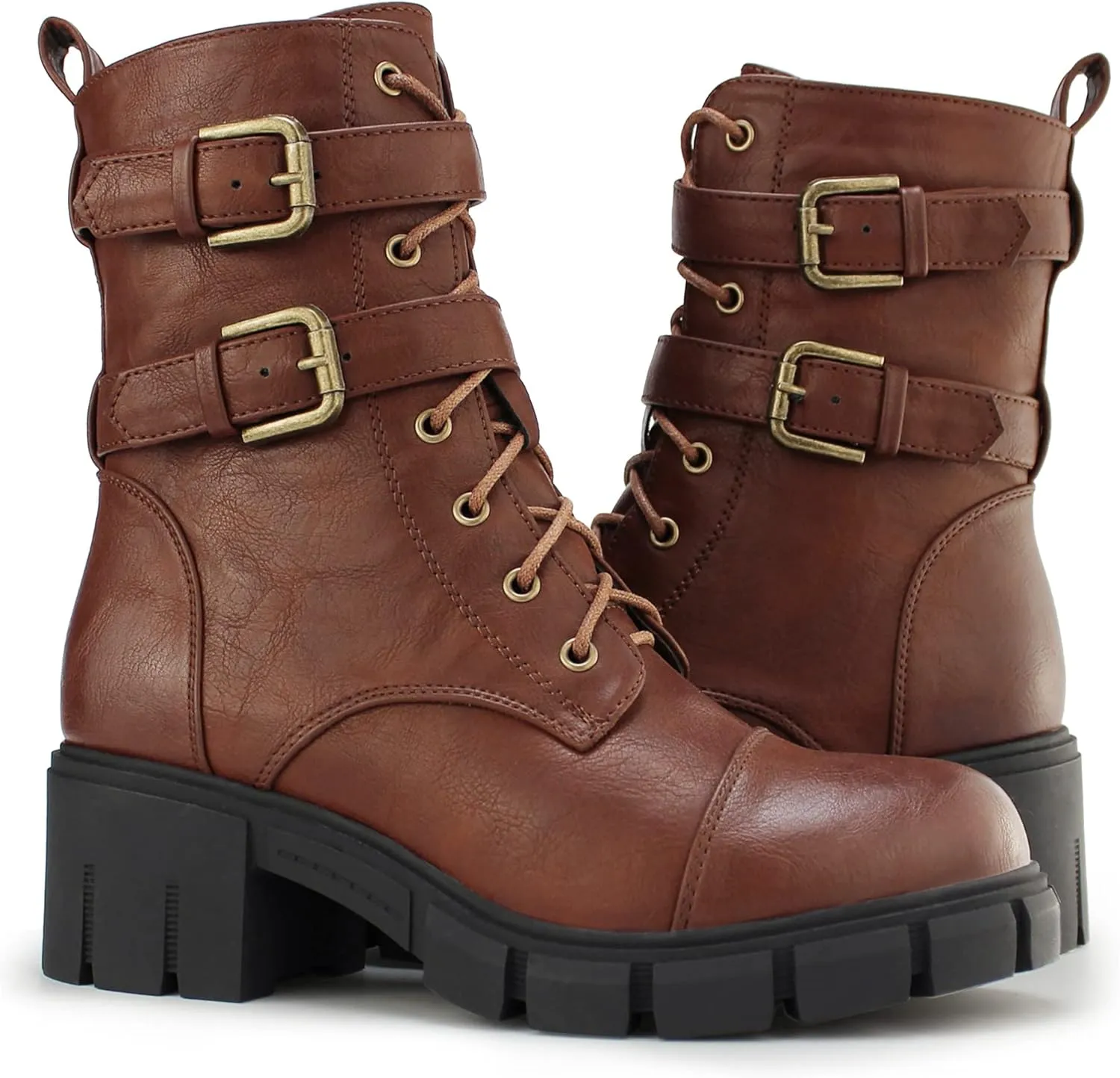 Tobfis Women's Combat Boots Side Zipper Buckle Chunky Heel Ankle Booties
