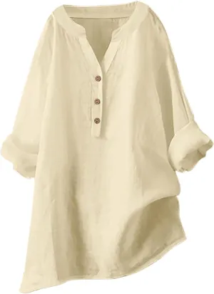 Trendy Tops for Women 2025 Summer Cotton Linen Shirts Trendy Long Sleeve Work Gauze Tops Boho Beach Henley T-Shirts