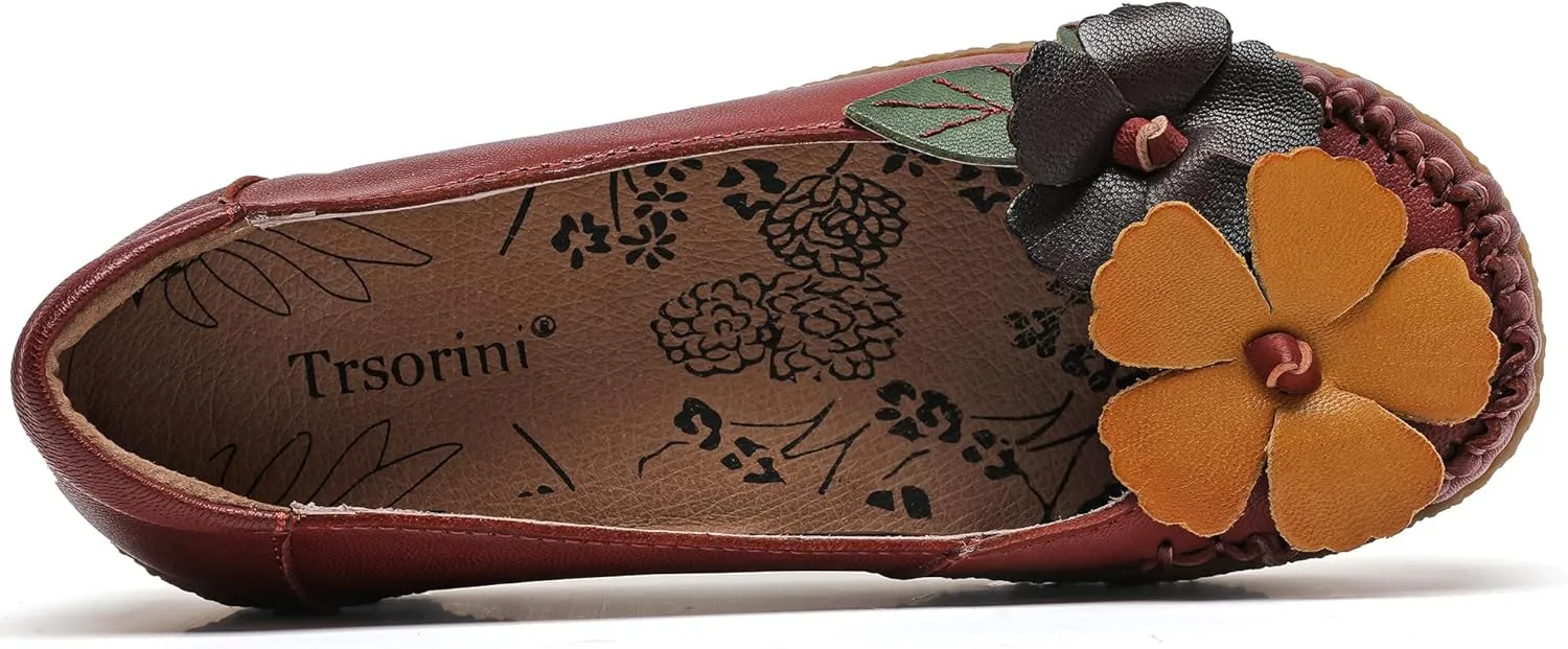 Trsorini Women's Casual Loafers Slip on Multi Color Stitching Leather Shoes Daily Walking