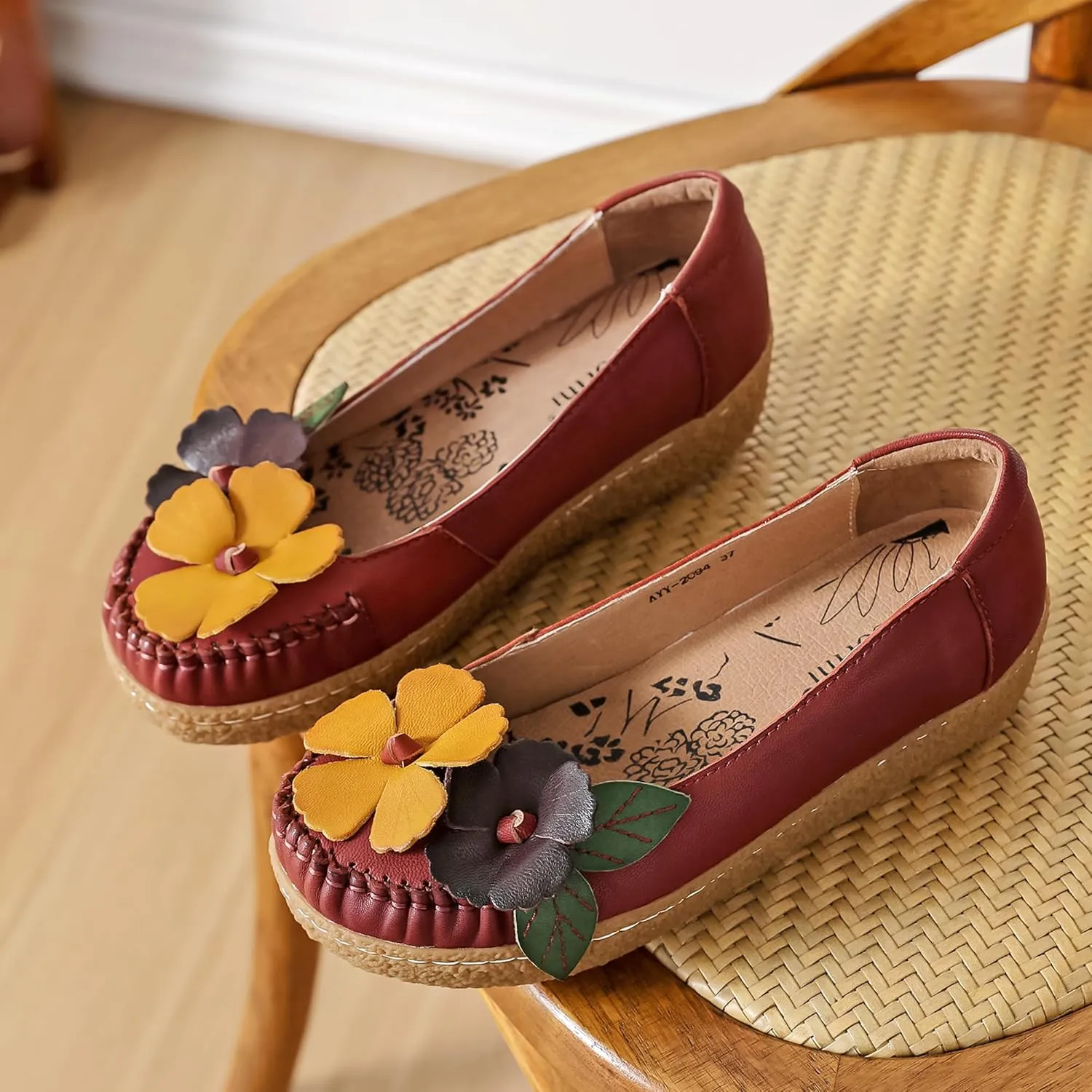 Trsorini Women's Casual Loafers Slip on Multi Color Stitching Leather Shoes Daily Walking