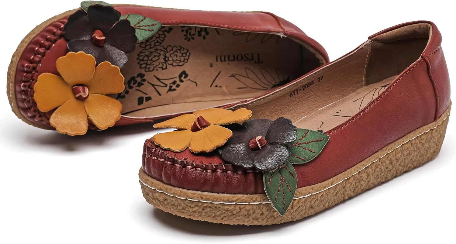 Trsorini Women's Casual Loafers Slip on Multi Color Stitching Leather Shoes Daily Walking