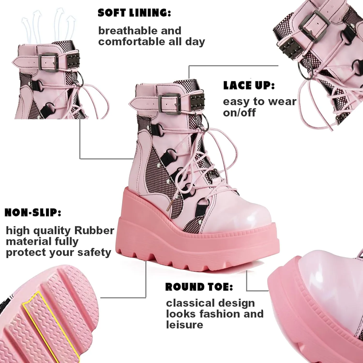 Tscoyuki Platform Ankle Boots for Women Chunky High Heel Booties Goth Round Toe Combat Boots Women Lace Up Motorcycle Wedges