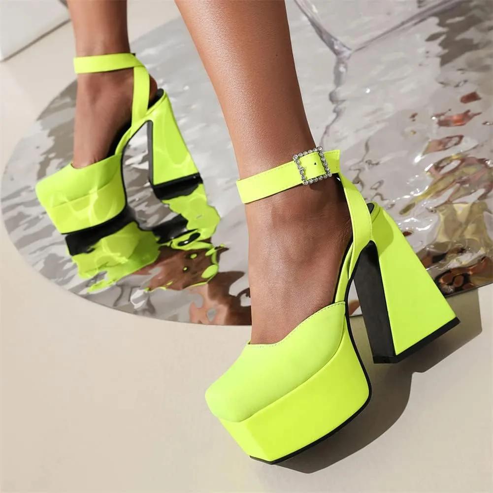 Tscoyuki Women's Platform Heels Pumps, Rhinestones Buckle Ankle Strap Chunky High Heels Fashion Date Dress Shoes