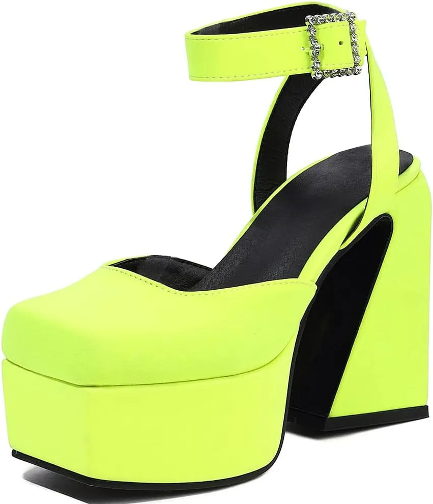 Tscoyuki Women's Platform Heels Pumps, Rhinestones Buckle Ankle Strap Chunky High Heels Fashion Date Dress Shoes