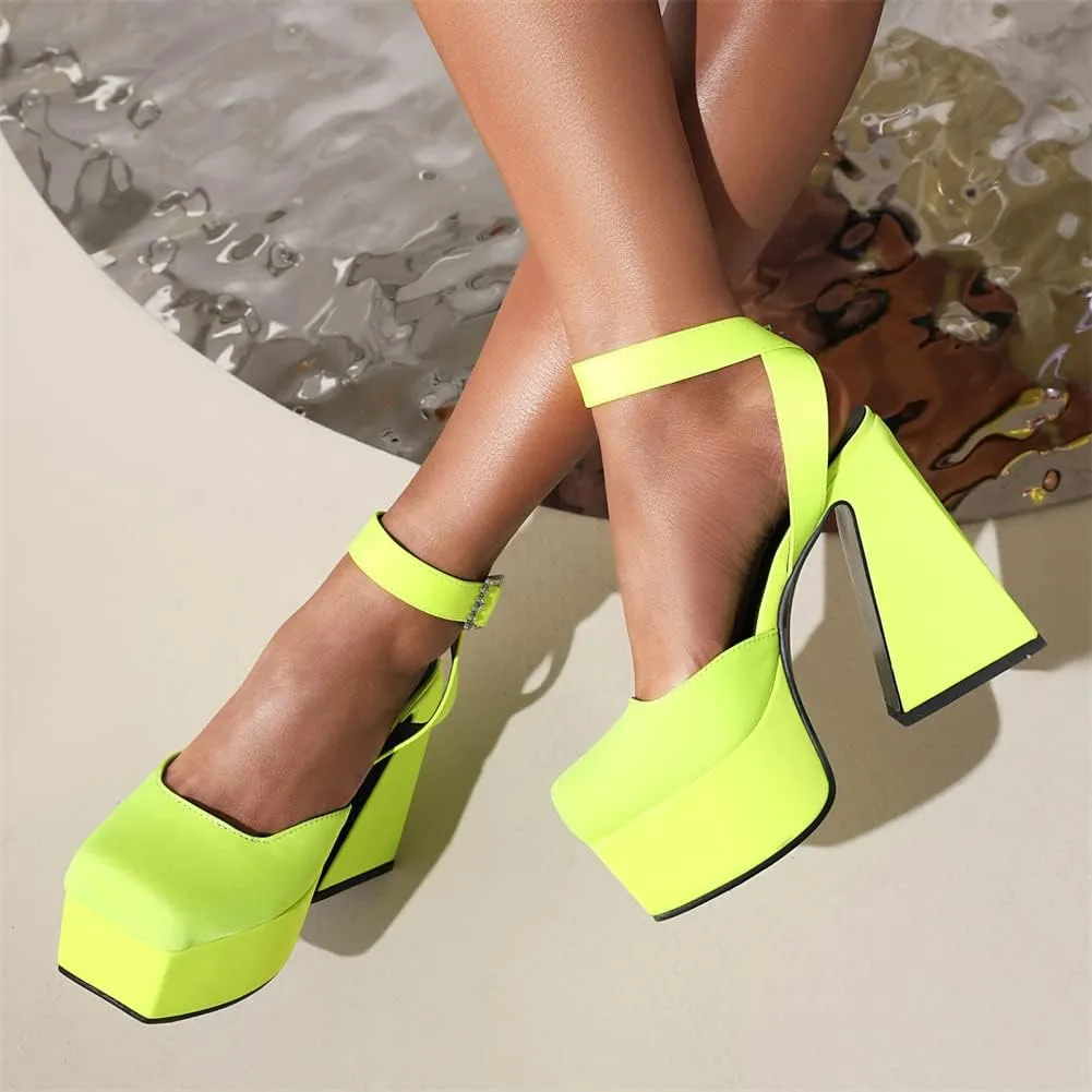 Tscoyuki Women's Platform Heels Pumps, Rhinestones Buckle Ankle Strap Chunky High Heels Fashion Date Dress Shoes