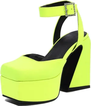Tscoyuki Women's Platform Heels Pumps, Rhinestones Buckle Ankle Strap Chunky High Heels Fashion Date Dress Shoes