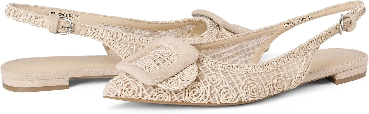 USIMAD Woven Pattern Slingback Flats for Women Pointed Toe Square Buckle Comfortable Work Dress Shoes Black
