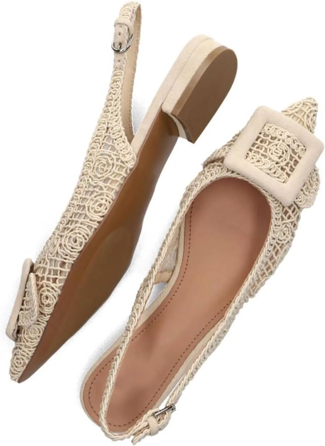 USIMAD Woven Pattern Slingback Flats for Women Pointed Toe Square Buckle Comfortable Work Dress Shoes Black