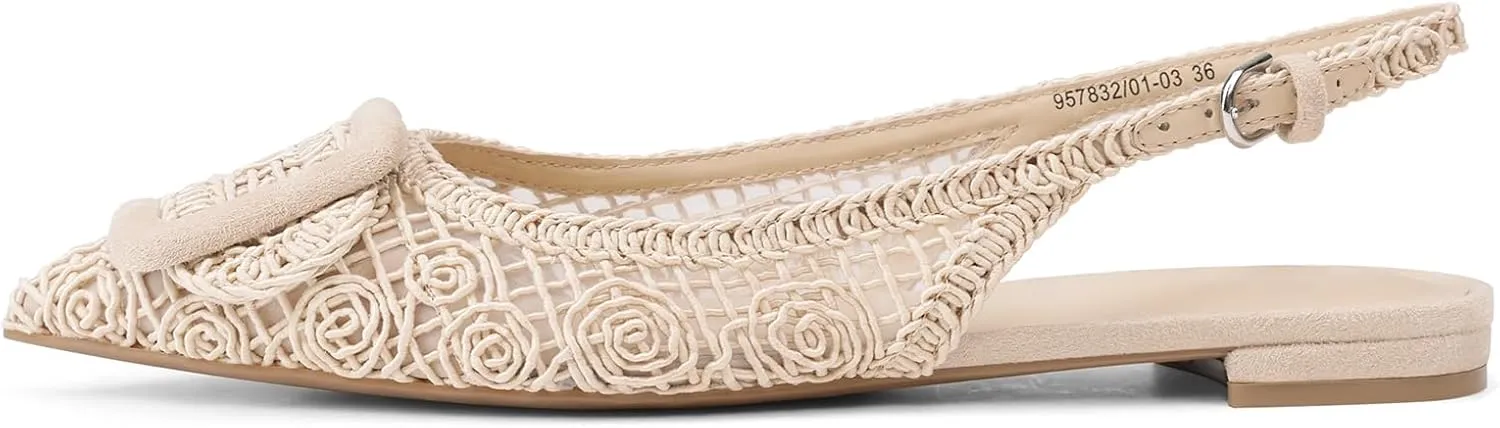 USIMAD Woven Pattern Slingback Flats for Women Pointed Toe Square Buckle Comfortable Work Dress Shoes Black