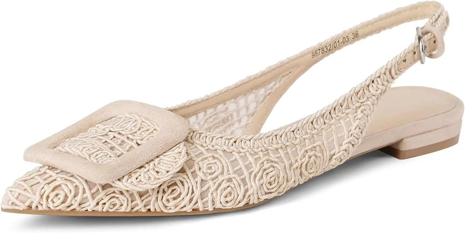 USIMAD Woven Pattern Slingback Flats for Women Pointed Toe Square Buckle Comfortable Work Dress Shoes Black