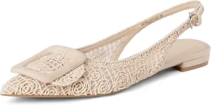 USIMAD Woven Pattern Slingback Flats for Women Pointed Toe Square Buckle Comfortable Work Dress Shoes Black