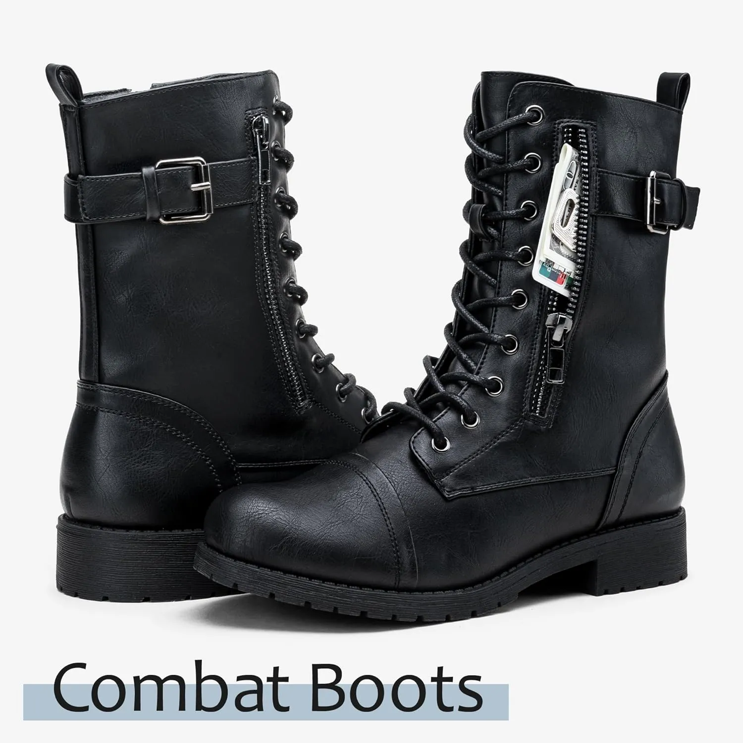 Vepose Women's 928 Combat Boots Low Heel, Mid Calf Military Boots with Card Knife Wallet Pocket