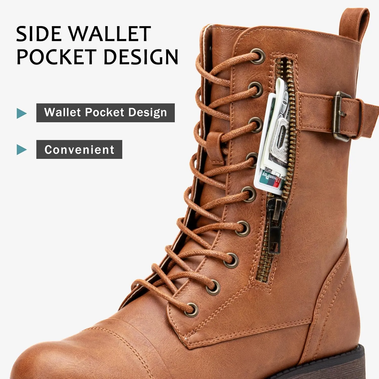 Vepose Women's 928 Combat Boots Low Heel, Mid Calf Military Boots with Card Knife Wallet Pocket