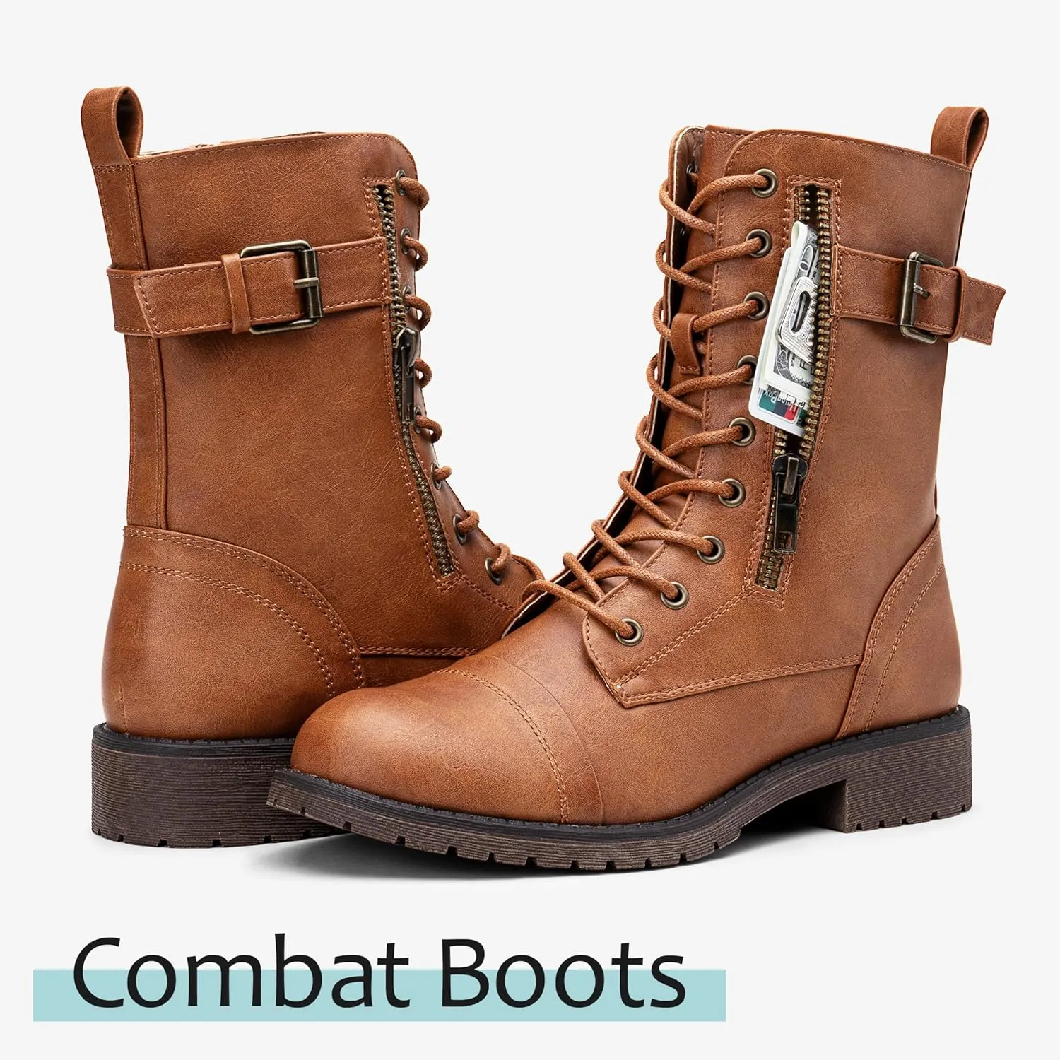 Vepose Women's 928 Combat Boots Low Heel, Mid Calf Military Boots with Card Knife Wallet Pocket