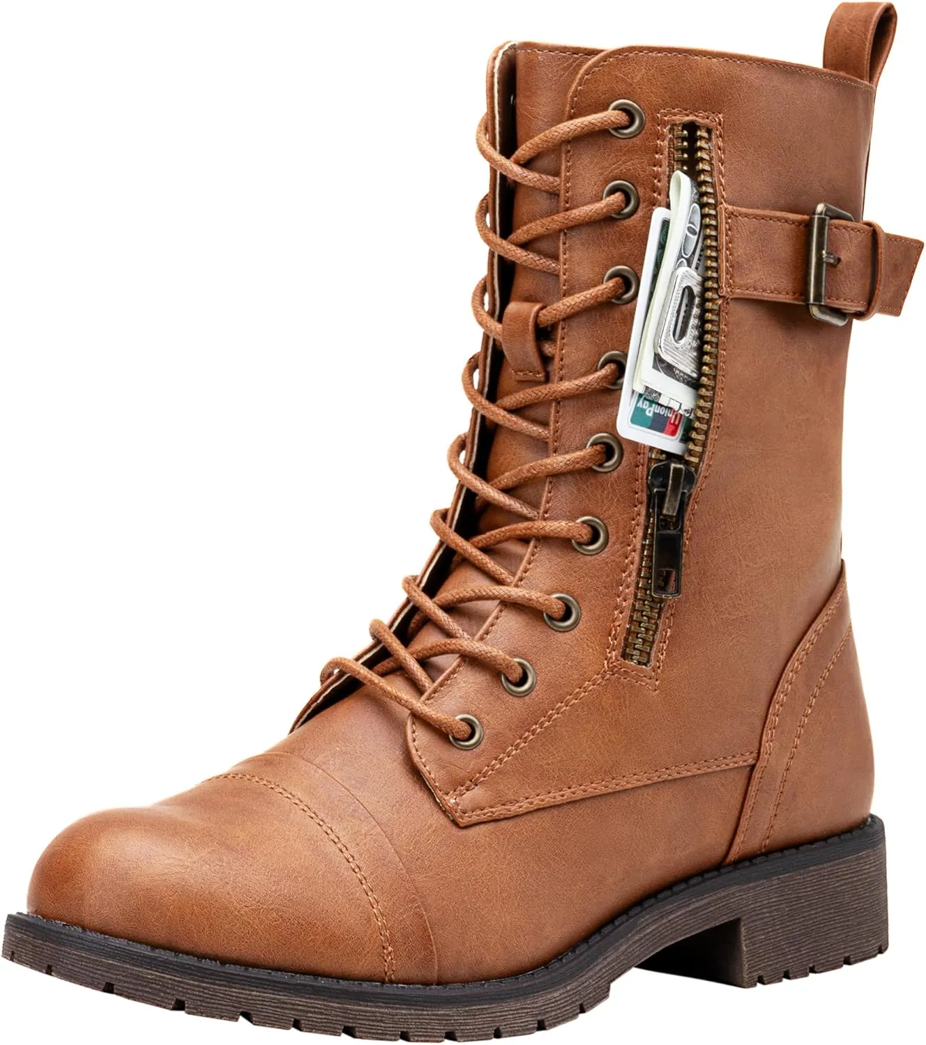 Vepose Women's 928 Combat Boots Low Heel, Mid Calf Military Boots with Card Knife Wallet Pocket