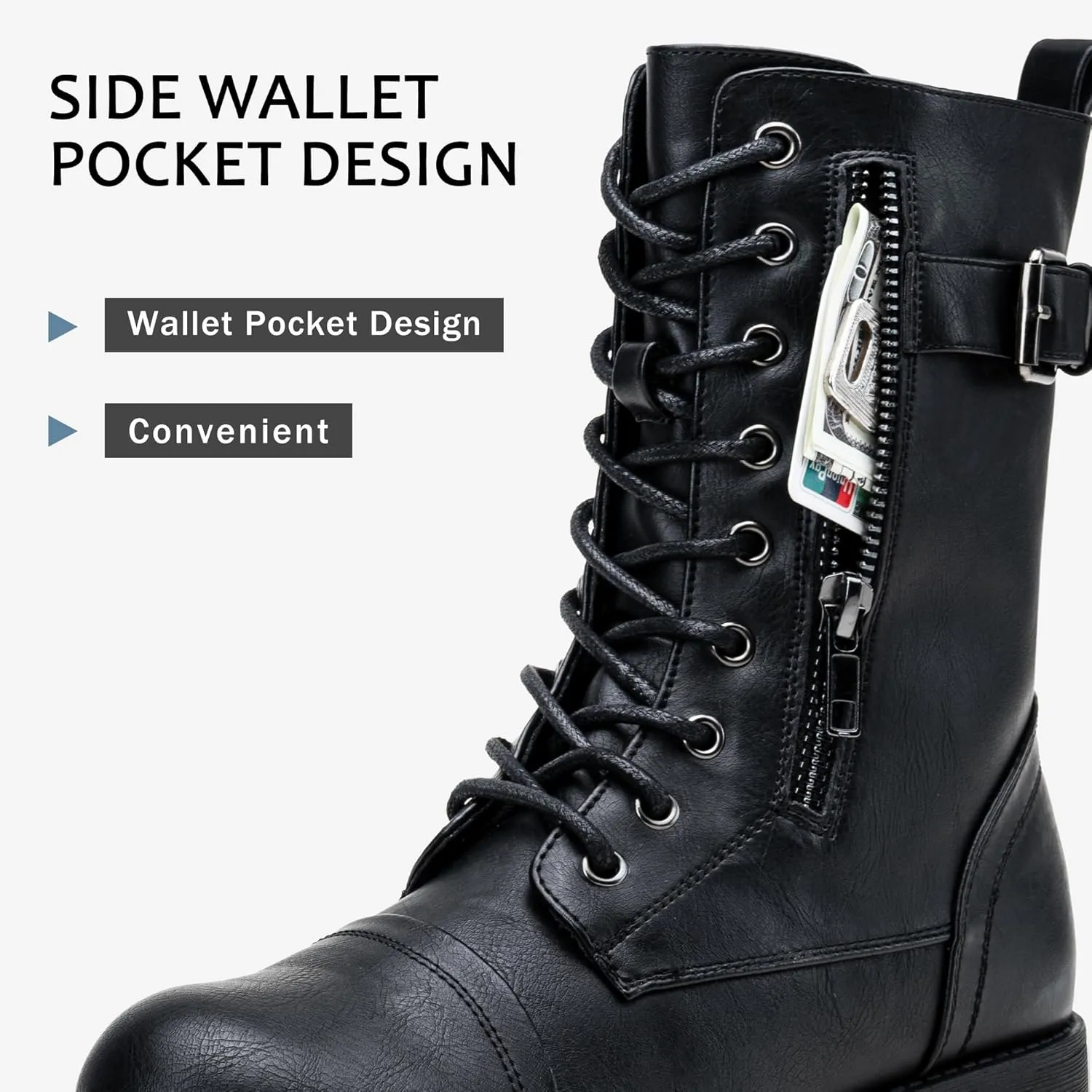Vepose Women's 928 Combat Boots Low Heel, Mid Calf Military Boots with Card Knife Wallet Pocket