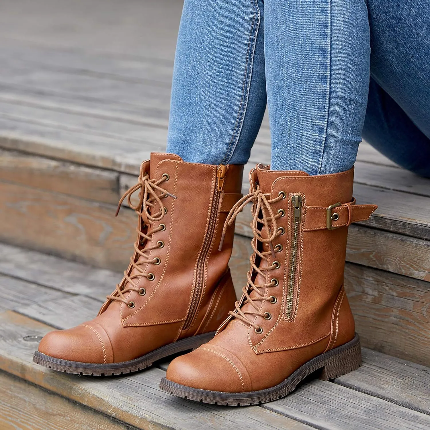 Vepose Women's 928 Combat Boots Low Heel, Mid Calf Military Boots with Card Knife Wallet Pocket