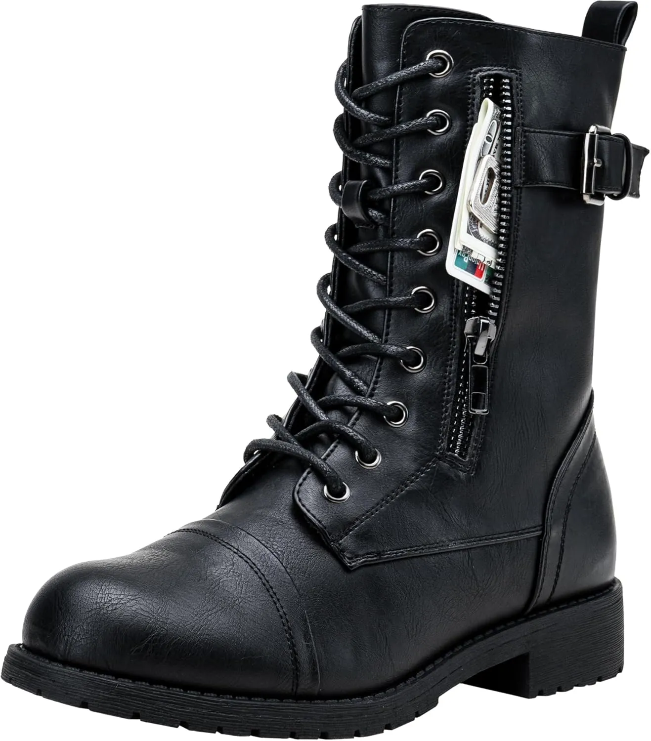 Vepose Women's 928 Combat Boots Low Heel, Mid Calf Military Boots with Card Knife Wallet Pocket
